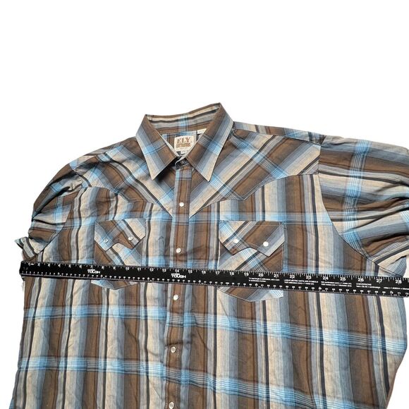 VTG Ely Cattleman Mens Shirt 2XL Plaid Brown Blue LS Pearl Snap Collared Western - Picture 10 of 11